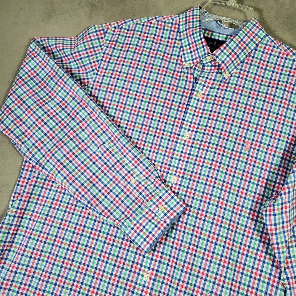 Ralph Lauren Shirt Mens XL Blue Pink Green Check Plaid Pony Stretch Preppy